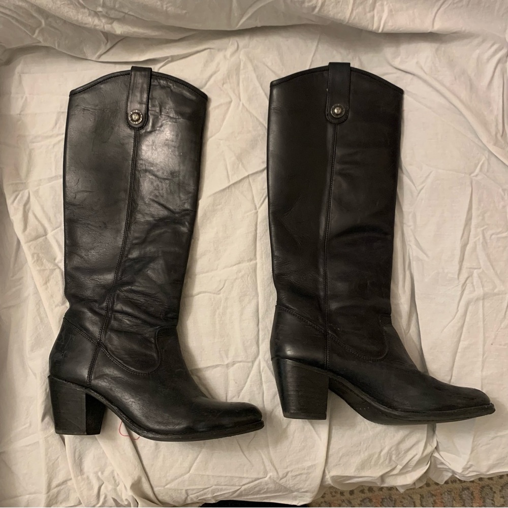 Frye Black Leather Mid-Calf Heeled Boots